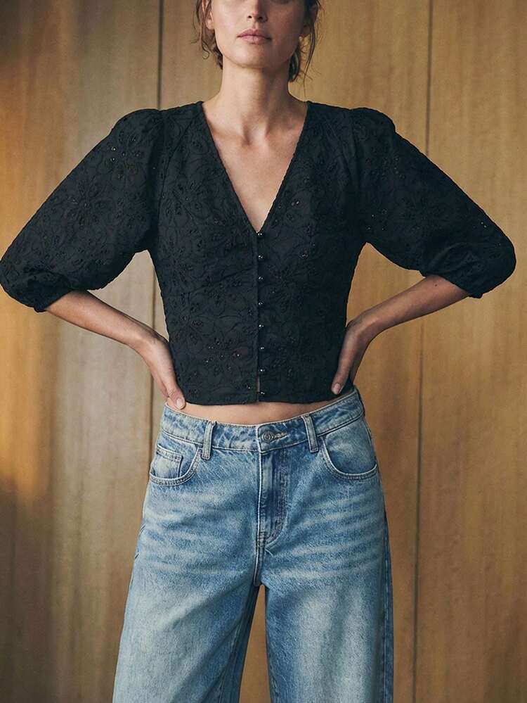 SHEIN Maija Women's V-Neck Front Button Casual Vacation Embroidered Floral Hollow Out Lantern Sleeve Fitted Blouse, Beach Summer Holiday Vacation Summer Going Out Graduation Casual Blouses For Women