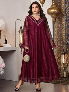 Al Najma Plus Size Women Lace Fabric Beaded Collar Elegant Dress, Spring/Summer - Burgundy - View 6