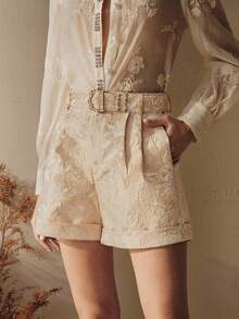 Anewsta Quần short nữ màu sâm panh thanh lịch, chất liệu jacquard, có thắt lưng. - Rượu sâm banh - Xem 3