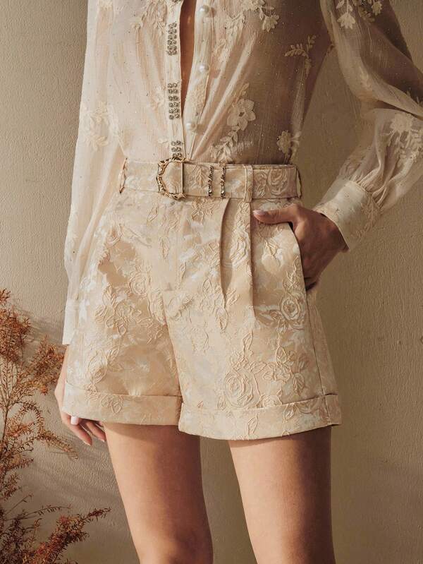 Anewsta Women's Elegant Champagne Color Jacquard Waist Belt Shorts