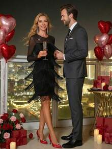 SHEIN Clasi Women's Elegant Fringe Trim Party Short Dress,Suitable For Party, Gathering And Multiple Occasions, Elegant Graduation Dress , Prom Dresses Fringe Dress Tassel Dress Black Fringe Dress Black Mesh Dress Black Dress Valentine's Day Outfit Valentine's Day Black Cocktail Dress Date Night Outfits - Black - View 2