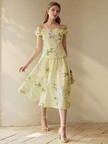 MOTF PREMIUM WOMEN'S ELEGANT FLARE FLORAL SKIRT - Green - View 1