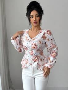 Selianne Women's Ditsy Floral Puff Sleeve Collared Waist Gathered A-Line Blouse, Countryside Style Top