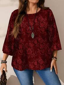 EMERY ROSE Plus Size Women Casual All-Over Print Round Neck Loose 3/4 Sleeve Shirt, Autumn/Winter Valentine's Day - Burgundy - View 7