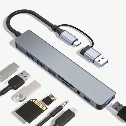 Teckwe USB Hub 3.0 USB C Hub With SD Card Reader Audio Jack 8 In 1 USB Extender Splitter Multiport Dongle Adapter For Mac Book Pro Air And More PC/Laptop/Tablet Devices