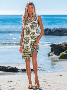 Sylviya Women's U-Neck Metal Ring Decor A-Line Hem Retro Print Casual Vacation Sleeveless Dress Beach Outfits For Woman Spring Break Outfits Boho Sage Green Dress Sundresses For Vacation,Summer Dresses For Women,Vacation - Green - View 5