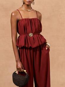 Zivah 2026 Spring/Summer New Music Festival, Easter, St. Patrick's Day, Valentine's Day, Date, Western, Nomadic, Birthday Party, Casual, Vacation, Cruise, Beach, Sunbathing, Wedding Guest Bohemian, Commute 2pcs Set: Spaghetti Strap Ruched Crop Top With Waist Tie And Drawstring Pleated Pocket Pants In Brown - Brown - View 2