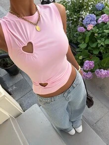 Muchica 女士夏季休闲度假时尚日常简约纯色心形镂空修身露脐背心 - 淺粉色 - 查看 6