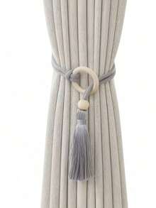 1 pieza/2 piezas/4 piezas Sujetadores de cortina de cuentas de madera natural, soporte de borlas de cuerda, decoración nórdica minimalista, regalo para amigos, decoración del hogar - Ceniza - Ver 7