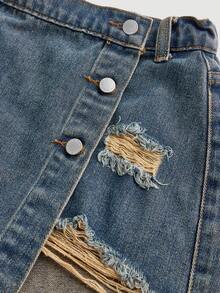 SHEIN Girlism Pantalones cortos vaqueros azules rasgados y deshilachados de estilo casual de verano para niñas preadolescentes, conjuntos de primavera, atuendos de rave, festivales y uso diario - Azul - Ver 3