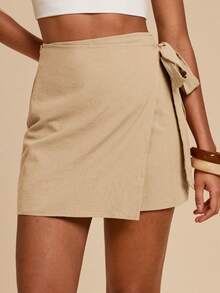 Travachic Chân váy nữ màu trơn dệt kim dáng rộng, có dây rút, thích hợp cho kỳ nghỉ, du lịch biển, mùa hè. - Màu Khaki - Xem 2