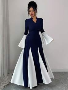 Siren Gaze Vestido longo feminino com punhos oversized em cores contrastantes - Azul - Ver 7