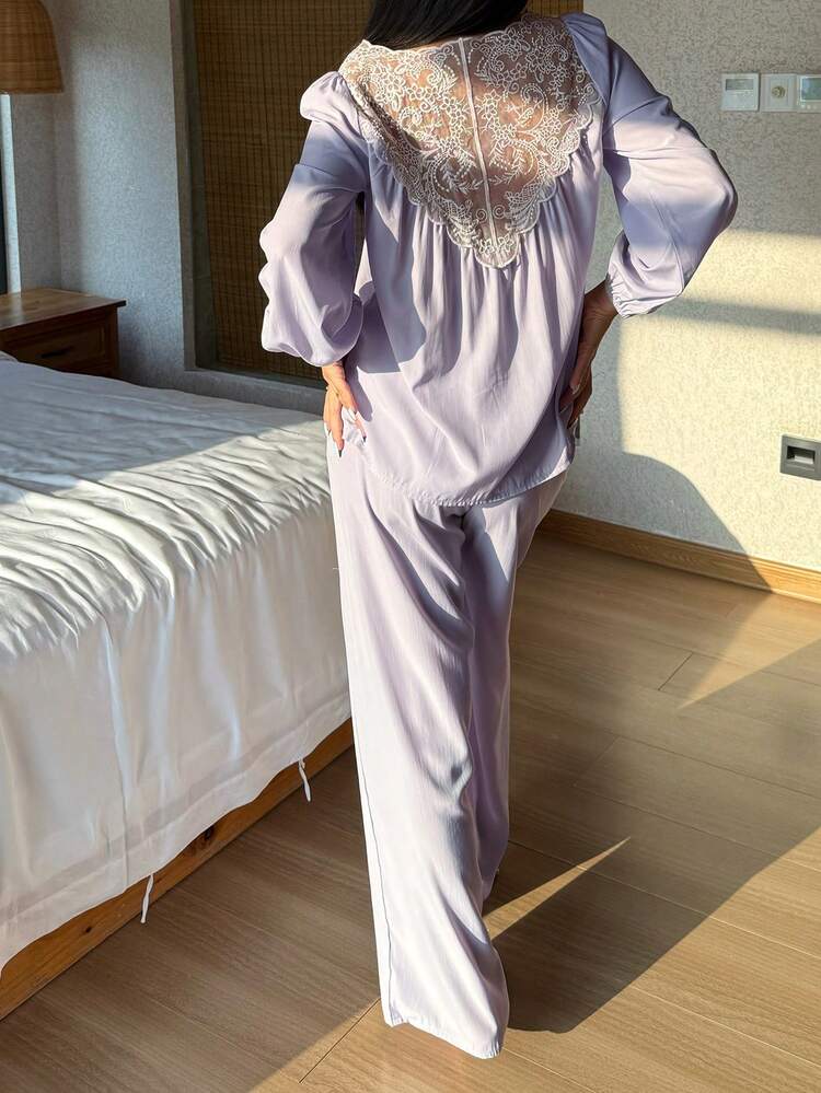 Charming Lace Patchwork Semi-Sheer Butterfly Sleeve Women Pajama Set