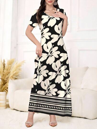 Al Najma Elegant damklänning med V-ringning och kort ärm och blommigt tryck, kan bäras som ytterplagg eller undertröja/arbetsklänning, lämplig för dejter, semestrar, vardagskläder, casual, fester, helgdagar, klänningar, lång damklänning för höst/vinter, böljande klänning, botanisk klänning, svart klänning