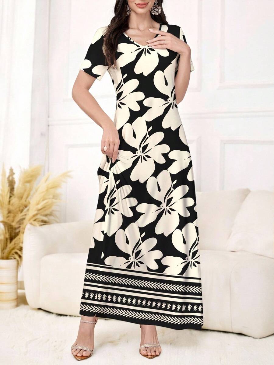 Al Najma 女士优雅V领短袖印花针织连衣裙，可作外衣或内搭/工作服穿着，适合约会、度假、日常穿着、休闲、派对、节日等场合，秋冬季女士长裙，飘逸连衣裙，植物印花连衣裙，黑色连衣裙 - 黑色 - 查看 1