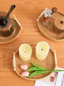 1 Bandeja de almacenamiento grande de dos niveles hecha a mano de ratán y bambú trenzado de estilo vietnamita, de color natural, estilo japonés, cesta de frutas, plato para desayuno, brunch, fiesta, decoración del hogar, regalo de boda, campo, cocina rústica - Camel - Ver 7