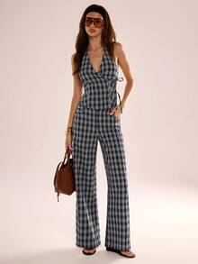 Avenya 2pcs, Fashion Sexy Plaid Open-Neck V-Neck Waist Design Vest & Straight Leg Pants Set, Spring Summer, Stylish Street Wear, Beach Vacation, Italian Holiday, Going Out, Cruise, Brunch, Office, Teacher Outfits, Three-Dimensional Cutting Style, Office Siren, Sexy Goddess, Spicy Girl Style, Y2K, Homecoming, Summer&Autumn, Elegant, Carnival, Vacation, Party, Valentine's Day, Carnival,  Beach, Elegant - Multicolor - View 2