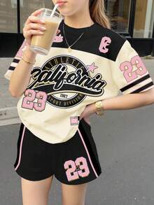 2pcs Back To School Tween Girl Casual Numeric 23 Print Short Sleeve Top And Shorts Set, Retro Athletic Style, Suitable For Summer - Multicolor - View 3