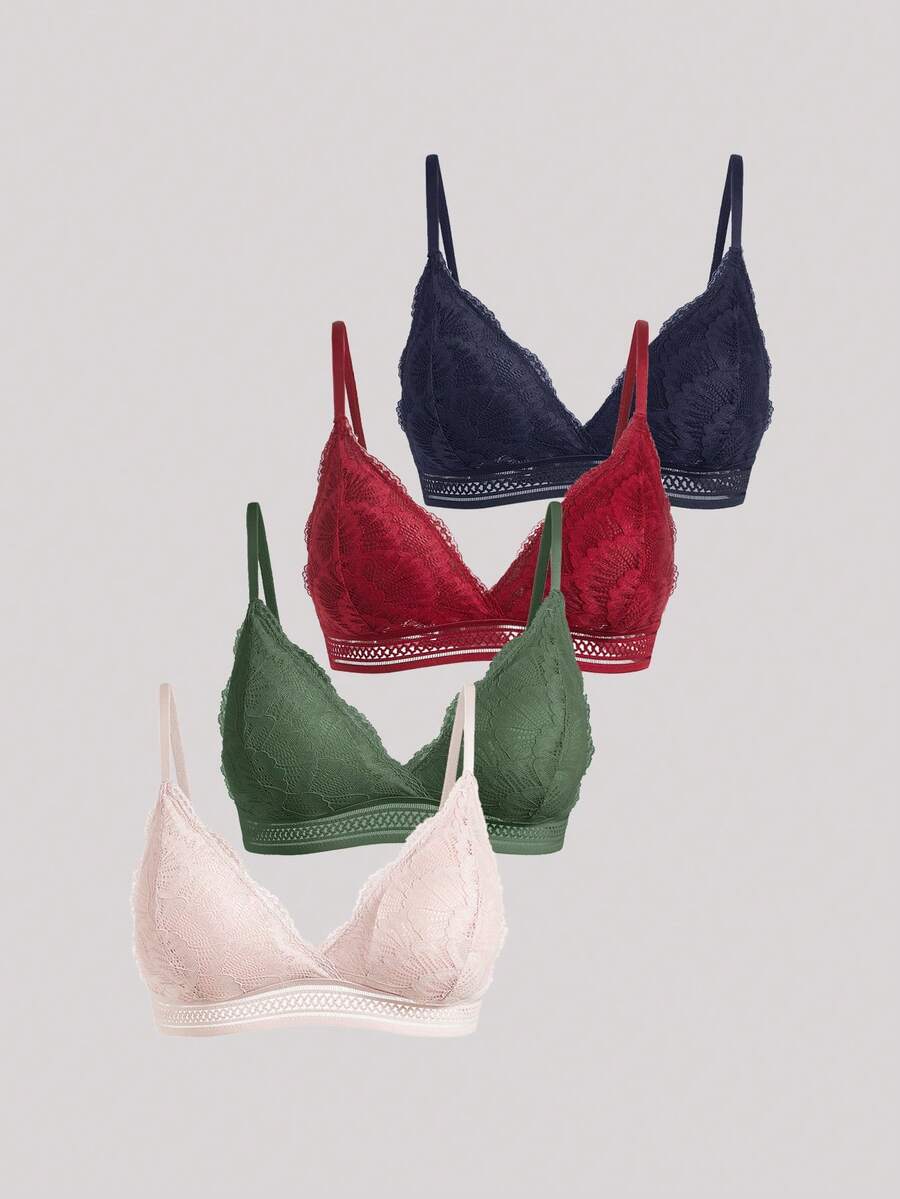 4入組無線蕾絲比基尼扇貝邊胸罩內衣 - 彩色 - 查看 1