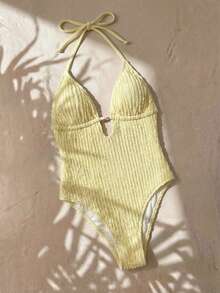Swim Mod 1 bộ áo tắm liền thân nữ màu trơn, chất liệu vải sần, kiểu cổ yếm, gợi cảm, thích hợp cho kỳ nghỉ. - Màu vàng - Xem 3