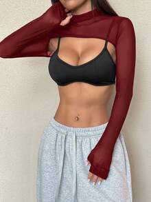 SHEIN EZwear Black Sheer Mesh Mock Neck Tight Top - Burgundy - View 5