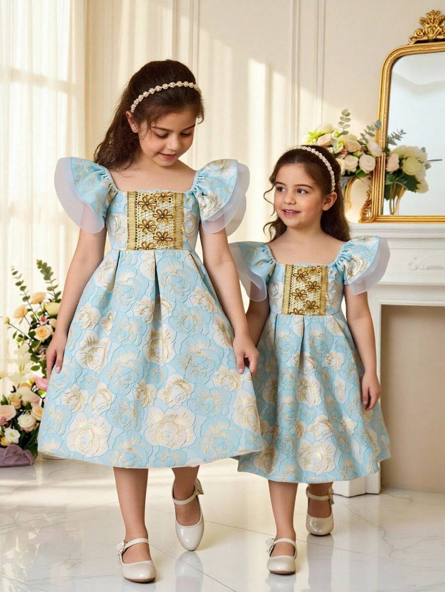 Sparklyn Vestido com Mangas Curtas de Jacquard Luxuoso, Régio e Elegante para Meninas Jovens, com Acabamento Dourado Bordado, Adequado para Uso Externo, Reuniões em Casa e Mais - Azul - Visão 1