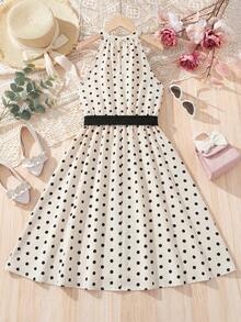 SHEIN Tween Girl Elegant Mandarin Collar Detachable Waist Belt Ruffle Hem Dress, Summer - Multicolor - View 2