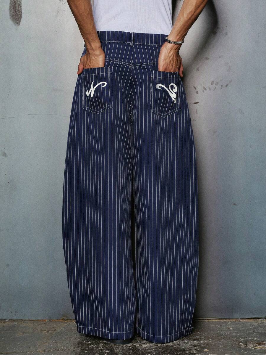 PAVTROS Men's Loose Fit Straight Leg Striped Pants - Navy Blue - View 1