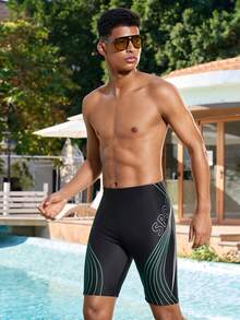 Manfinity Swimmode Men's Elastic Waist Letter & Striped Knee Length Swim Trunks