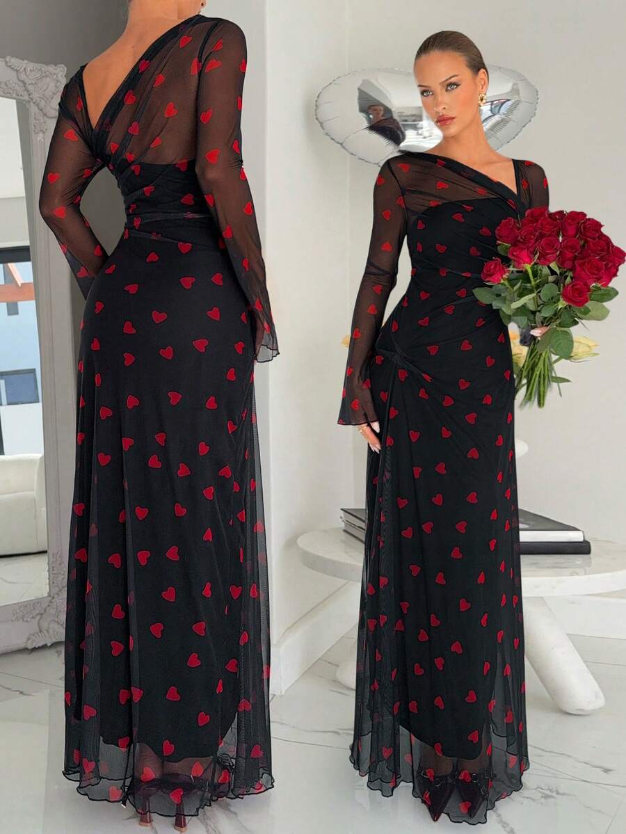 Siren Gaze Váy dài tay thường ngày họa tiết trái tim phối màu dành cho nữ - màu đen - Xem 1