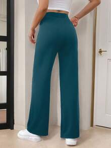 SHEIN Frenchy 女士休闲优雅扭腰修身直筒裤 - 藍色 - 查看 2