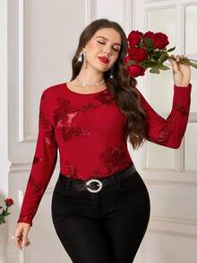 SHEIN Clasi 大码亮面网纱修身女式上衣，四季皆宜，情人节特惠 - 紅色 - 查看 5