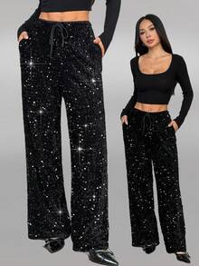 SHEIN PETITE Women's Black Velvet Shiny Sequin Casual/Concert/Cocktail Party/Night Out/Carnival Drawstring Wide Leg Pants Drawstring Pants New Year Party Heavy-Duty Sequined Pants, Perfect For Weddings, Parties, Gatherings, And Commuting. Sparkling And Shimmering. Glitter Pants Black Black Sequin Pants Sparkly Pants Black Sparkly Pants - Black - View 1