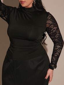 SHEIN BAE Plus Size Autumn/Winter Women's Casual Vintage Solid Color Knit Contrast Lace Long Sleeve Fitted Women Top,Fall,Christmas, New Year,Casual,Plus Size Formal,Elegant, Thanksgiving Day,Black Lace Top,Christmas, New Year,Casual,Plus Size Formal,Elegant, Thanksgiving Day Top - White - View 8