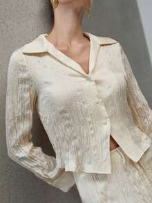 MOTF PREMIUM 2PCS WOMEN'S PLISSE LONG SLEEVE SHIRT AND SKIRT SET, SPRING/SUMMER - Apricot - View 3