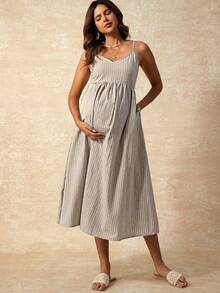 Boho Mama Maternity Striped Print Cami Dress - Apricot - View 6