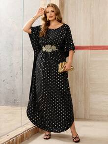 Roveilla Plus Size Women's New Wedding Guest Batwing Sleeve Middle Eastern Elegant Loose Dress, Romantic Long Dress With Embroidery Decor, Platinum Polka Dot Dress, Wedding Guest Gown Luxury Dress For Women Caftan Dress Maweii Plus Size Dress Curve Elegant Dress Plus Size Elegant Dress Luxury Caftan Dress For Women Plus Size Evening Gown - Black - View 7