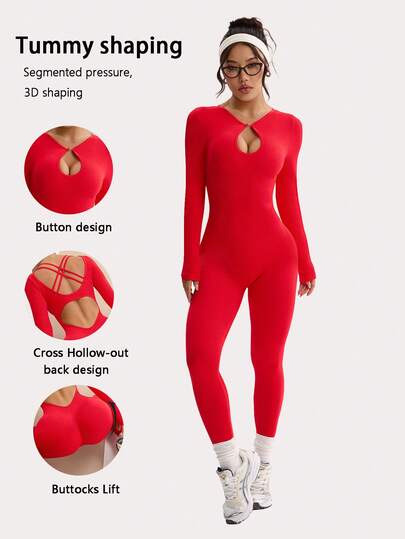 Dewbera 1件Dwbera运动连体裤，女士无缝高弹力罗纹纹理修身露背交叉设计，纯色紧身长袖连体裤，适合休闲、跑步、瑜伽、健身、网球等活动。