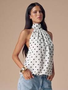 SHEIN BAE Black & White Polka Dot Backless Halter Neck Sexy Crop Top, Suitable For Music Festivals, Vacation - White - View 6