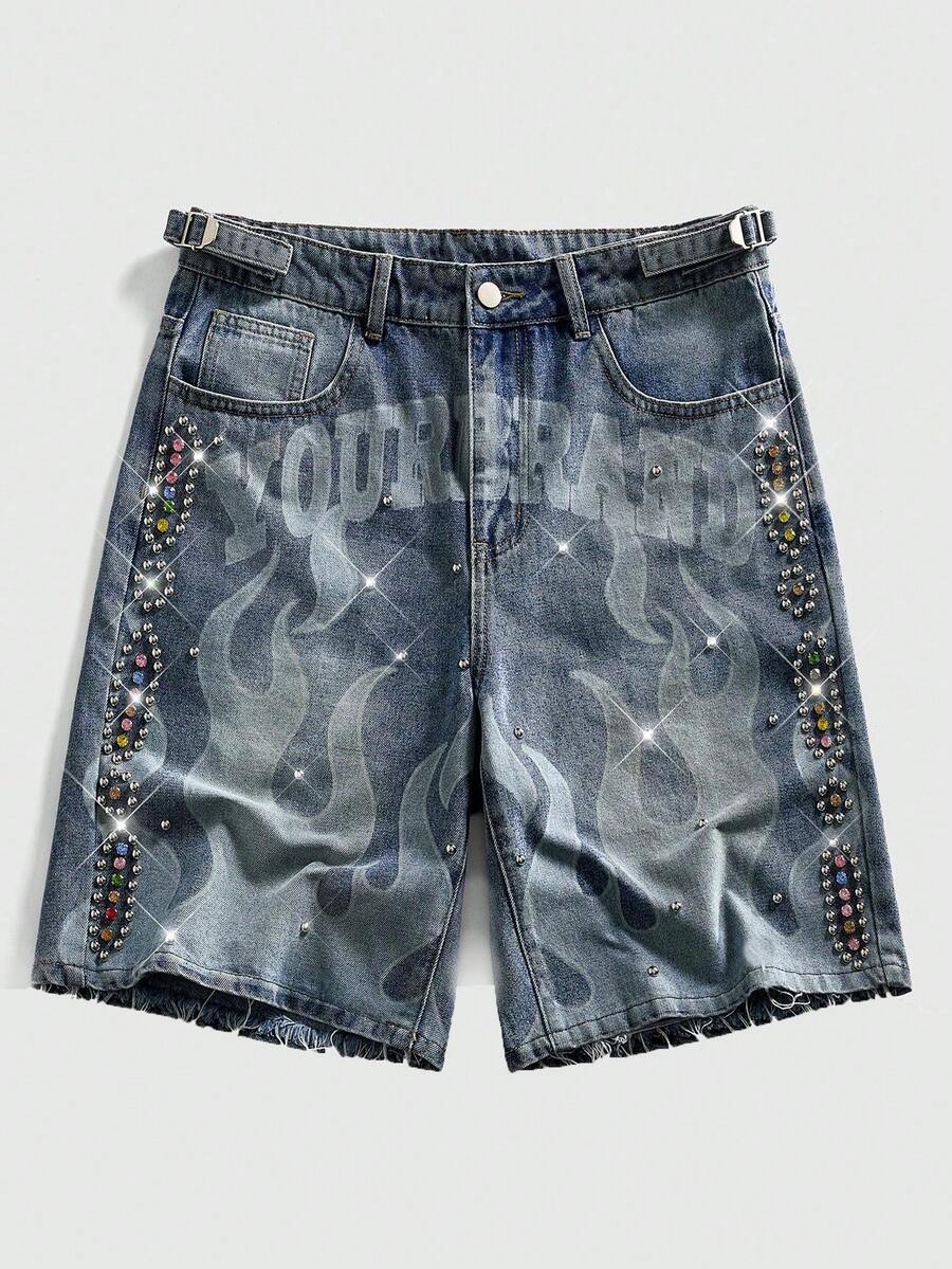 ROMWE MEN Men's Summer Casual Fashion Street Letter & Flame Print Rhinestone Frayed Hem Denim Shorts - Blue - View 1