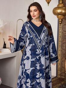 Al Najma Abito lungo in stile arabo elegante con stampa, a maniche lunghe, in tessuto lavorato, per donna taglia comoda, primavera/estate - Blu - Visualizzare 4