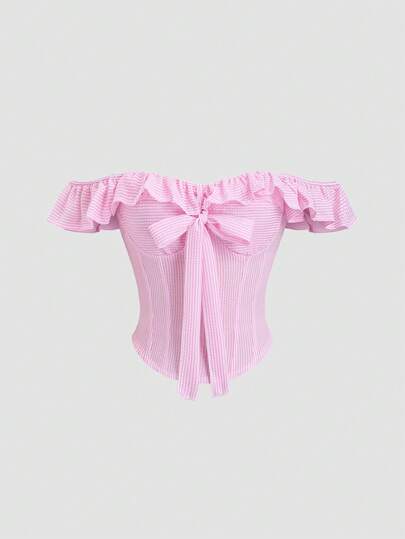 Sweetra Women's New Fashion Versatile Striped Shirt, Off-Shoulder, Square Neck, Bustier, Cinched Waist, Flutter Sleeve, Ruffle Hem, Bowknot Shirt