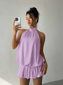 Aloruh Gaun Mini Halter Tanpa Punggung Warna Polos Seksi untuk Wanita, Musim Panas, Gaun Musim Panas untuk Wanita - Lilac Purple - View 7