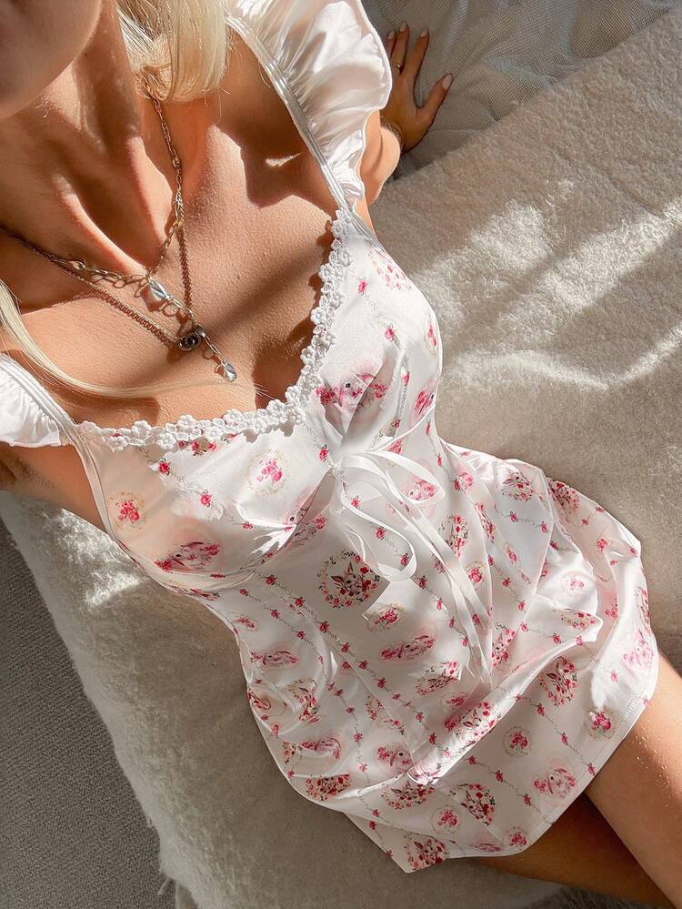 Cute Countryside Style Animal & Ditsy Floral Camisole Waist Nightgown For Women