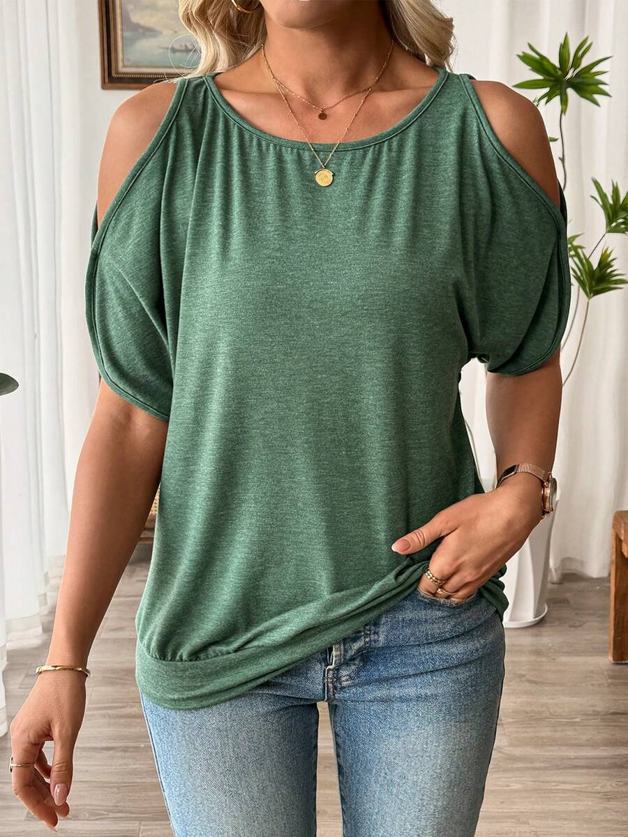 EMERY ROSE Plus Size Women Hollow Out Round Neck Casual Short Sleeve Top, Summer - Army Green - View 1
