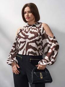 Chikora Blusa de mujer talla grande, elegante blusa de manga larga con hombros descubiertos y estampado de cebra semitransparente para el trabajo, el trayecto, el verano, el Día de San Valentín, el Carnaval, fiestas y primavera - Multicolor - Ver 5