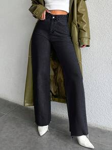 EURMUSE Tall Tall High Waist Cut Hem Straight Jean - Black - View 3
