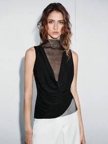 Lumivelle Women's Sexy Backless Sleeveless Top With Sheer Mesh Ruched Neck And Asymmetric Hem, Spring/Summer - Black - View 7