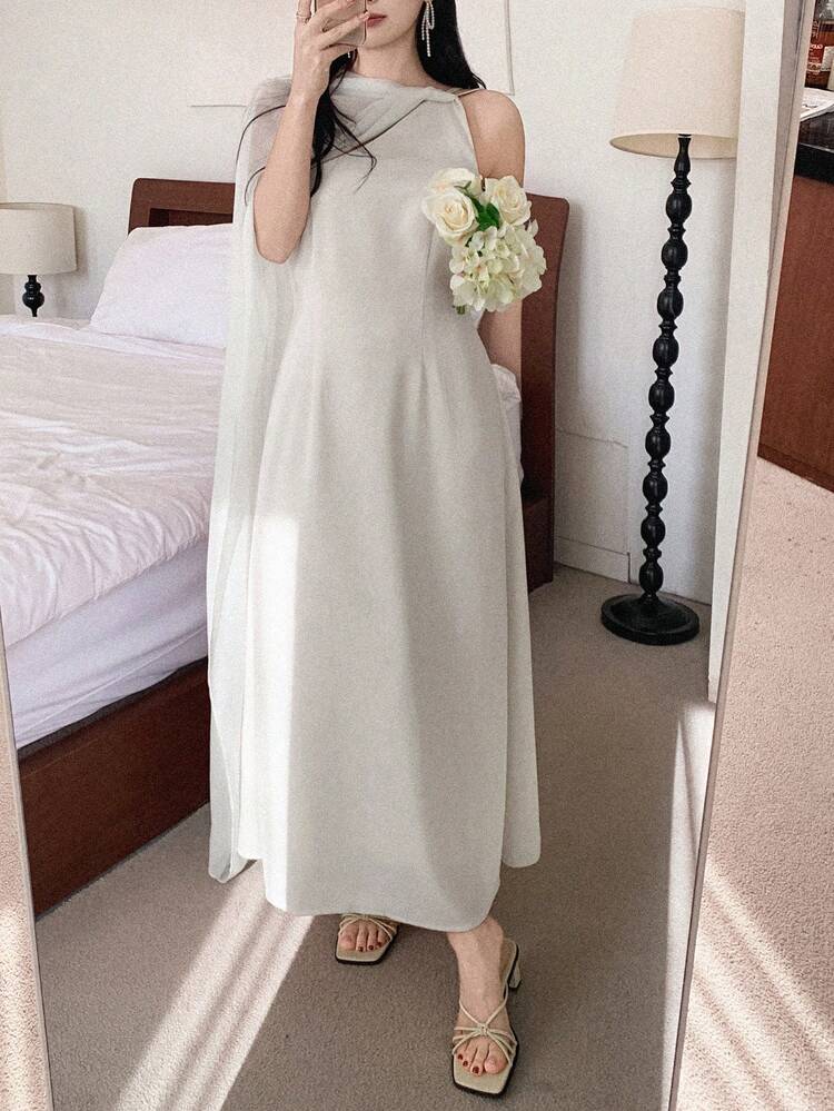Women's Elegant Solid Color Midi Dress With Shawl Collar Spring Sundress