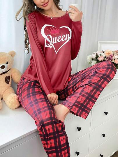 طقم بيجامة للنساء بتاج قلب للأزواج بنمط مربعات وألوان متباينة لعيد الحب